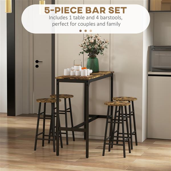 Bar Table Set for 4, Industrial High Top Table with Bar Stools, 5-Piece Small Kitchen Table and Chairs for Pub, Dining Room, Rustic Brown