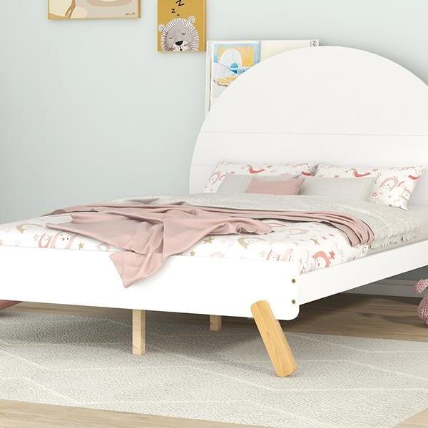 Wooden Cute Platform Bed With Curved Headboard ,Full Size Bed With Shelf Behind Headboard,White