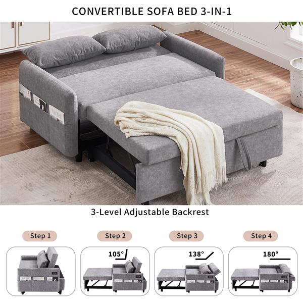 55.1" Pull Out Sleep Sofa Bed Loveseats Sofa Couch with Adjsutable Backrest, Storage Pockets, 2 Soft Pillows, USB Ports for Living Room, Bedroom, Apartment, Office,Grey