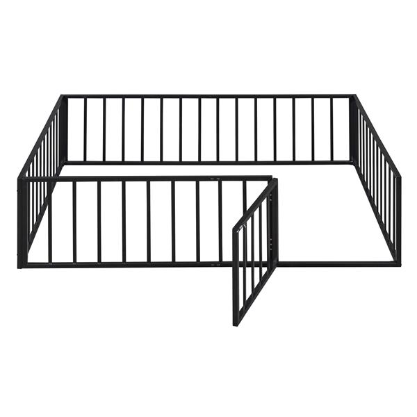 Full Size Metal Floor Bed Frame with Fence and Door, Black