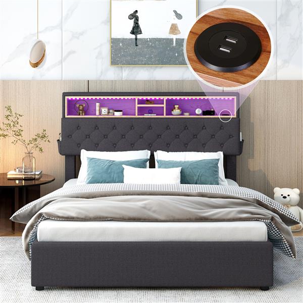 Full Size Upholstered Platform Bed with Storage Headboard, LED, USB Charging and 2 Drawers, Dark Gray