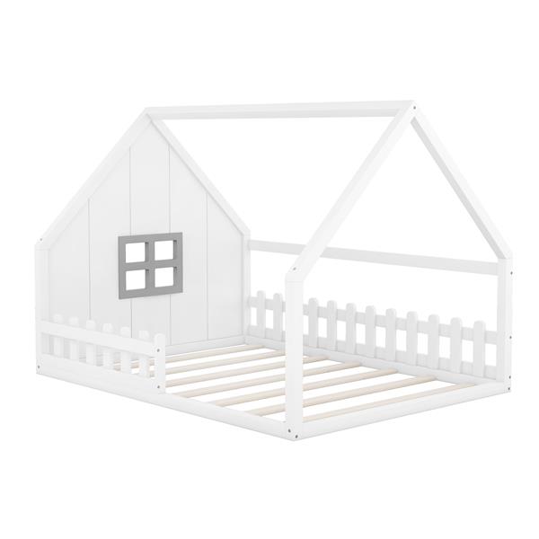 Full Size Wood House Bed with Window and Fence, White