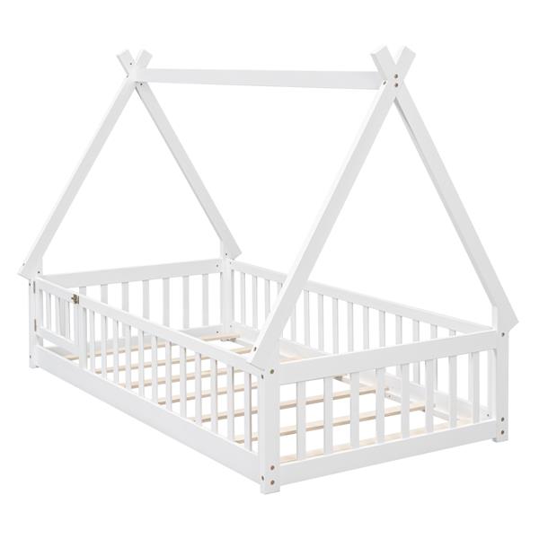 Twin Tent-shaped Floor Bed, with Guardrails, Slats, Door ,White