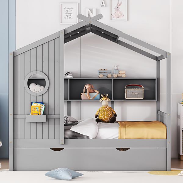 Wooden Full Size House Bed With Trundle, Modern Design for Kids with Storage Shlef, Gray