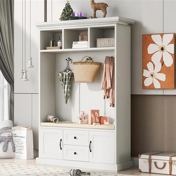 Hall Tree with 3 Hooks , Coat Hanger, Entryway Bench, Storage Bench, 3-in-1 Design, 47.2INCH, for Entrance, Hallway (White)