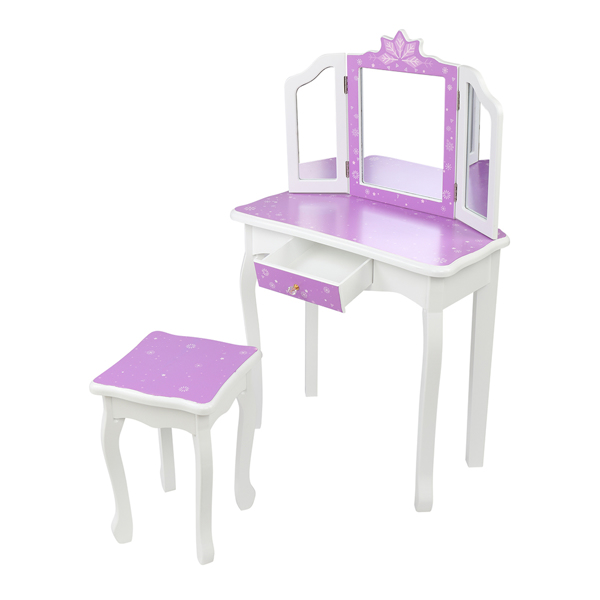 Children's Wooden Dressing Table Three-Sided Folding Mirror Dressing Table  Chair Single Drawer Purple   Snowflake Style