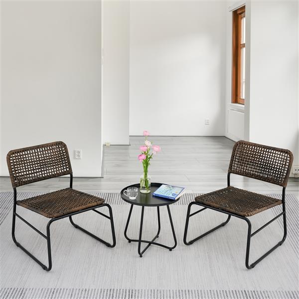 Patio Furniture Set 3 Piece Mixture Pattern PE Rattan Steel Frame And Modern Round Table, Brown and Black