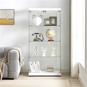 4-Tier Glass Display Cabinet, Double Door Glass Cabinet, Four Partitions, Two Locks, Floor Standing Storage Cabinet for Living Room, Bedroom, Showroom and Office, White, 31.5\\"L x 14.2\\"W x 66.3\\"H