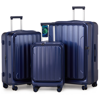 Luggage Sets 3 Piece, ABS+PC Front Open Hardshell Lightweight Luggages, Expandable Carry On Suitcase Set with TSA Lock & Double Wheels (20/24/28, Navy Blue)