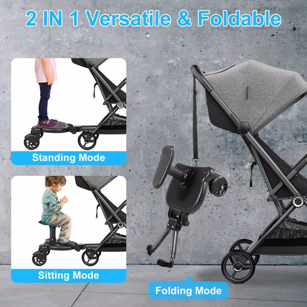 New-Universal Stroller Board with Detachable Seat, 2in1 Sit and Stand Stroller Glider Board for Most Strollers, Holds Children Up to 55 LBs Stroller Standing Board (Black)