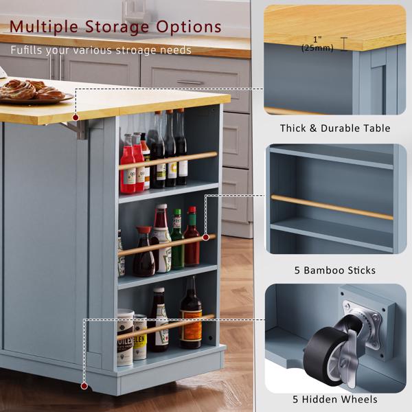 53inch Large Kitchen Island with Drop Leaf,Power Outlet,Door Internal Storage Rack,Rolling Kitchen Cart on 5 Wheels with 5 Open Side Racks for Kitchen,Dining Room,Grey Blue(Not include bar stools) 