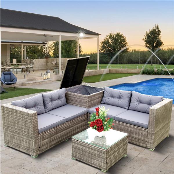 4 Piece Patio Sectional Wicker Rattan Outdoor Furniture Sofa Set with Storage Box Grey