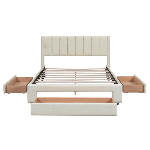 Full Size Upholstered Platform Bed with One Large Drawer in the Footboard and Drawer on Each Side,Beige