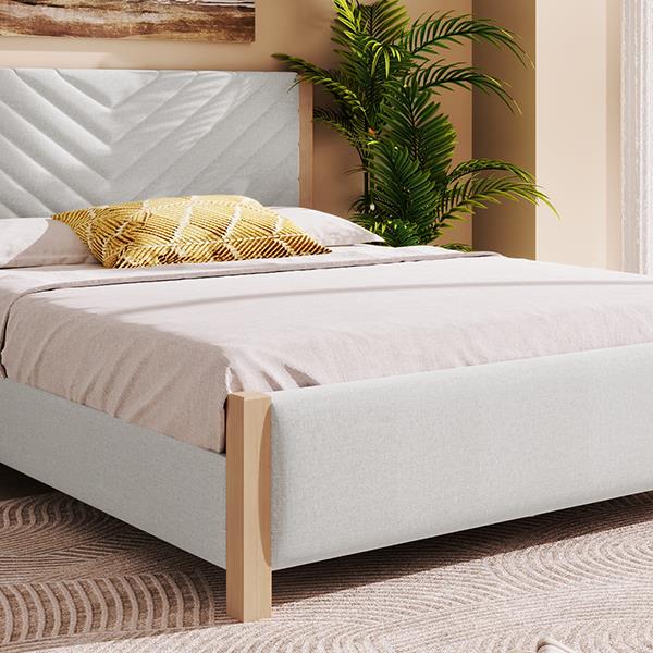 Modern Mid-Century Queen Upholstered Platform Bed Frame with Tufted Headboard and Solid Wood Legs,No Box Spring Needed,Beige