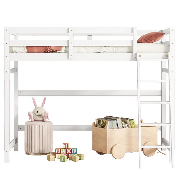 Twin Size High Loft Bed with inclined Ladder, Guardrails,White