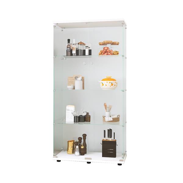 Two-door Glass Display Cabinet 4 Shelves with Door, Floor Standing Curio Bookshelf for Living Room Bedroom Office, 64.7"*31.7"*14.3", White