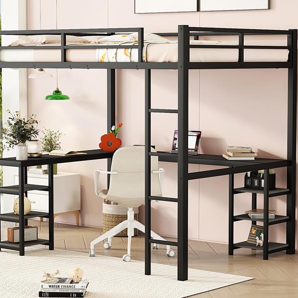 Full Metal Loft Bed with Desk and Shelves, Loft Bed with Ladder and Guardrails, Loft Bed Frame for Bedroom, Black with black desk