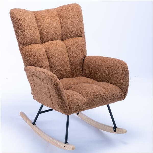 Rocking Chair with Pocket, Soft Teddy Fabric Rocking Chair for Nursery, Comfy Wingback Glider Rocker with Safe Solid Wood Base for Living Room Bedroom Balcony (brown)