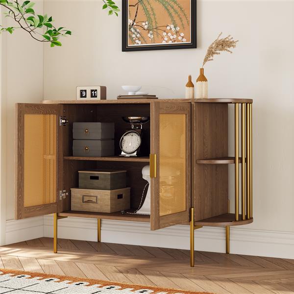 2-Door Elegant Curved Dining Cabinet with Gold Trim and Woven Rattan Doors for Dining Room (Natural)