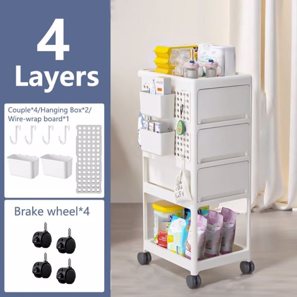 Storage Stroller - 4 layer, storage for bedroom, living room, kitchen,restroom,Flexible to move, Can put toys, snacks, tools, pet supplies,PP material is safe and durable 