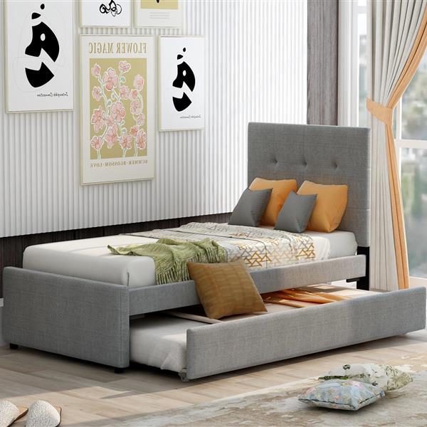 Linen Upholstered Platform Bed With Headboard and Trundle, Twin(Old