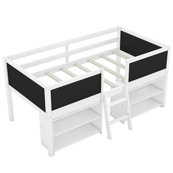 Twin Size Low Loft Bed with Two Movable Shelves and Ladder,with Decorative Guardrail Chalkboard,White