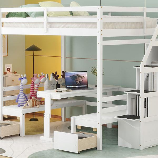 Full over Full Size Bunk with staircase,the Down Bed can be Convertible to Seats and Table Set,White