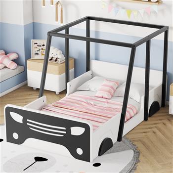 Twin Size Car-shaped Bed with Roof,Wooden Twin Floor Bed with wheels and door Design,Montessori Inspired Bedroom,Black