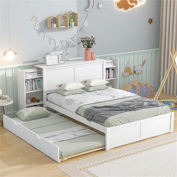 Full Size Storage Platform Bed with Pull Out Shelves and Twin Size Trundle, White