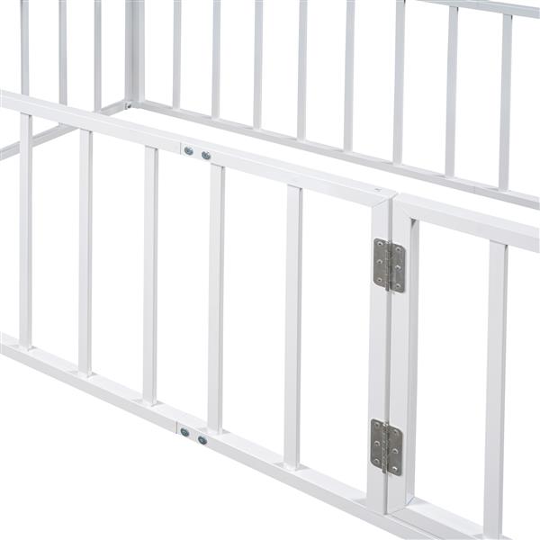 Twin Size Metal Floor Bed Frame with Fence and Door, White