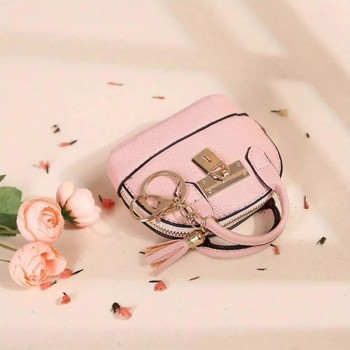 Travel Makeup Bag, Mini Tote Bag Keychain Coin Purse, Pu Leather Key Chain Purse, Large Capacity Cosmetic Bags for Women, Portable Make up Organizer, Cute Zipper Wallets, Pink