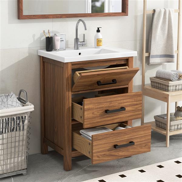 24'' Bathroom Vanity with Ceramic Basin Sink, Modern Bathroom Storage Cabinet with 3 Drawers,  Bathroom Vanity Cabinet with Single Sink