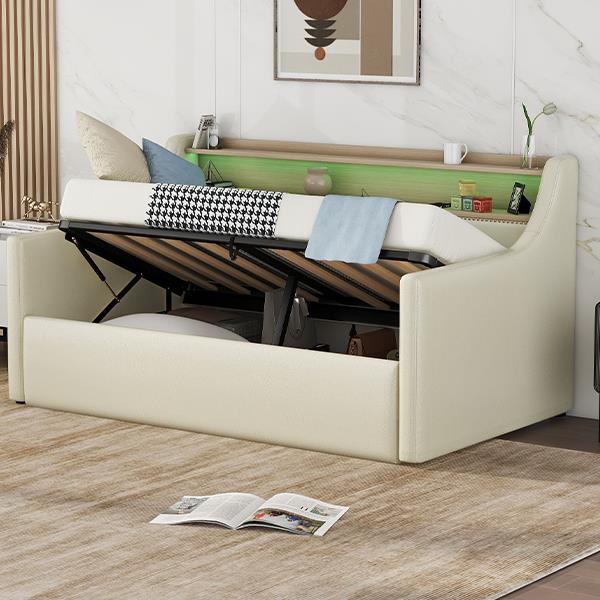 Twin Size Daybed with Hydraulic Storage, Upholstered Daybed with Lift Up Storage, Twin Leather Daybed with Charging Station and LED Lights,Beige