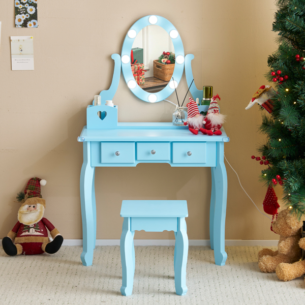 FCH Kids Vanity Set with Mirror and Lights and Stool, 5 Storage Drawers, Pretend Play Princess Makeup Desk Dressing Table and Stool Set for Little Girls Age 3+, Macaroon Blue