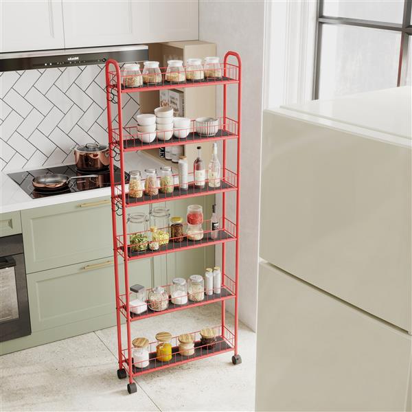 Red 6-Tier Rolling Cart Gap Kitchen Slim Slide Out Storage Tower Rack with Wheels,6 Baskets,Kitchen,Bathroom Laundry Narrow Piaces Utility cart