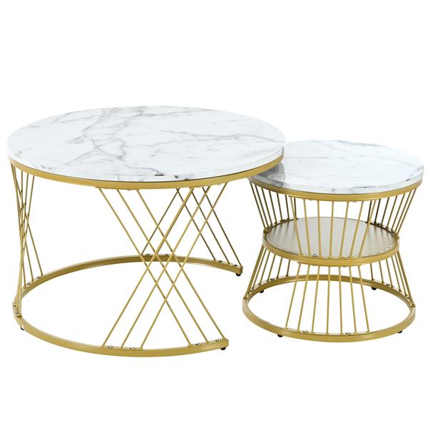 [VIDEO provided] Φ27.5'' & Φ17.7'' Nesting Coffee Table with Marble Grain Table Top, Golden Iron Frame Round Coffee Table, Set of 2, for Living Room, Balcony, White