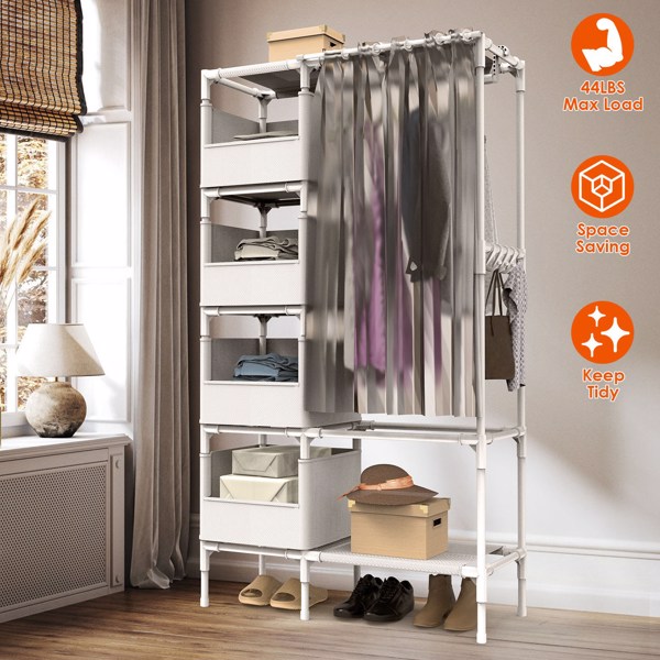 Portable Closet Wardrobe Clothes Storage Cabinet Organizer Garment Hanging Rack Shelves 