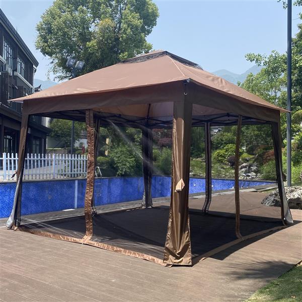 Outdoor 11x 11Ft Pop Up Gazebo Canopy With Removable Zipper Netting,2-Tier Soft Top Event Tent,Suitable For Patio Backyard Garden Camping Area with 4 Sandbags,Brown