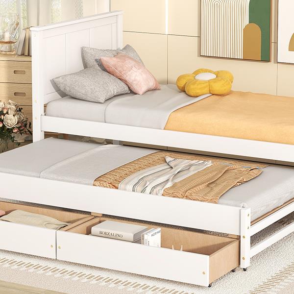 Twin Size Platform Bed with Trundle and Drawers, White