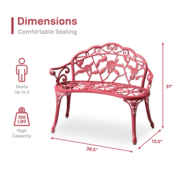 Outdoor Cast Aluminum Patio Bench, Porch Bench Chair with Curved Legs Rose Pattern, Red