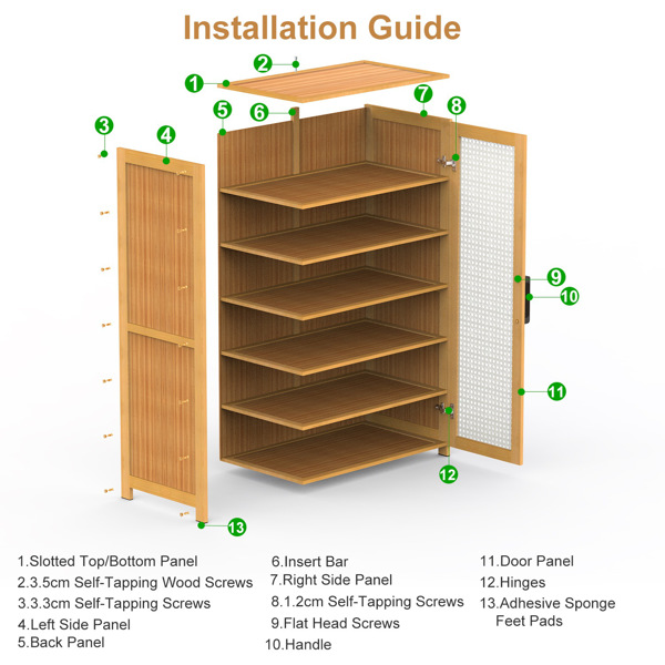 6-Tier Shoe Cabinet with Bamboo Shoe Rack Freestanding Shoe Organizer with 2 Hollow Doors and Handles 154lbs Max Load for Closet Hallway Living Room