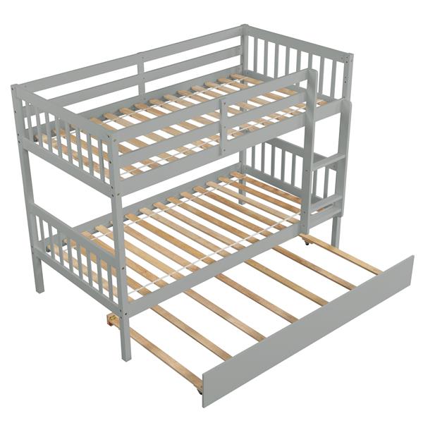 Twin Over Twin Bunk Beds with Trundle, Solid Wood Trundle Bed Frame with Safety Rail and Ladder, Kids/Teens Bedroom, Guest Room Furniture, Can Be converted into 2 Beds,Grey