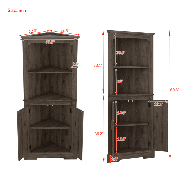 Tall Corner Cabinet with Doors for living room, bathroom,Dining Room or Kitchen,color:Dark walnut 