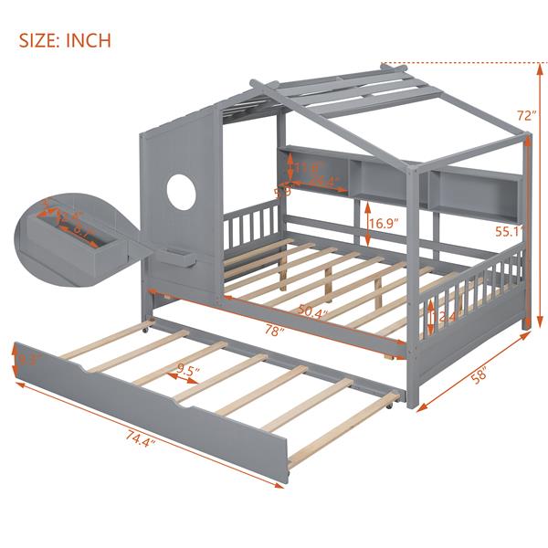 Wooden Full Size House Bed With Trundle, Modern Design for Kids with Storage Shlef, Gray