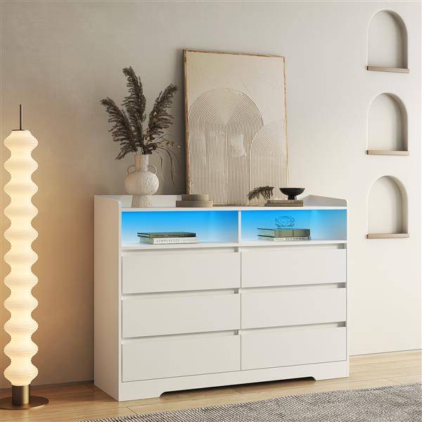 6 Drawer Dresser, White Dresser for Bedroom with LED Lights, Modern Dressers & Chests of Drawers with Sturdy Frame for Living Room, Entryway, Hallway