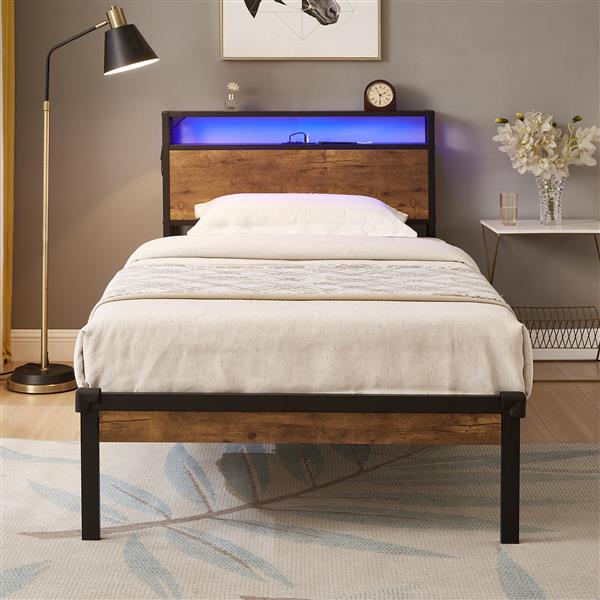 Twin Size Metal Platform Bed Frame with Wooden Headboard and Footboard with USB LINER, LED Lights ,No Box Spring Needed, Large Under Bed Storage, Easy Assemble