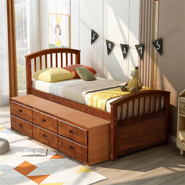 . Twin Size Platform Storage Bed Solid Wood Bed with 6 Drawers