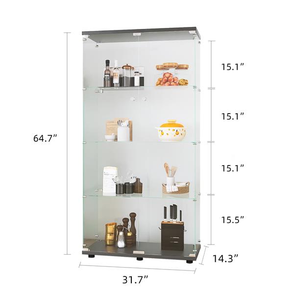 Two-door Glass Display Cabinet 4 Shelves with Door, Floor Standing Curio Bookshelf for Living Room Bedroom Office,  64.7"*31.7"*14.3",Black