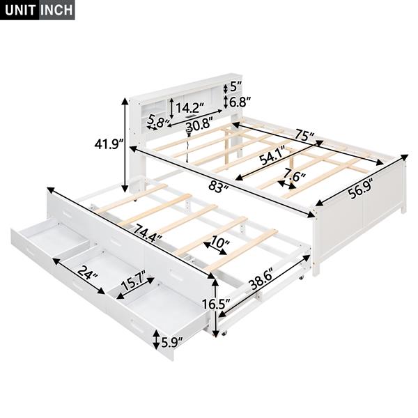 Full Size Platform Bed with Storage Headboard, USB, Twin Size Trundle and 3 Drawers, White