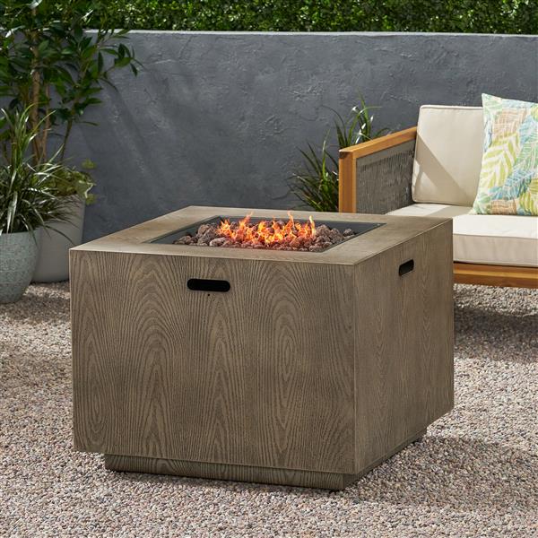 Outdoor Patio Gas Burning Fire Pit - 50, 000 BTU Tank Inside, Square, Iron Wood Pattern, Brown